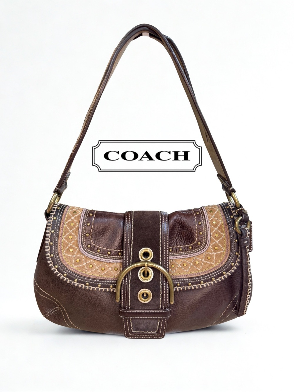 Vintage Coach Soho Patchwork Buckle Flap Shoulder Bag 10479 Brown & Dust Bag